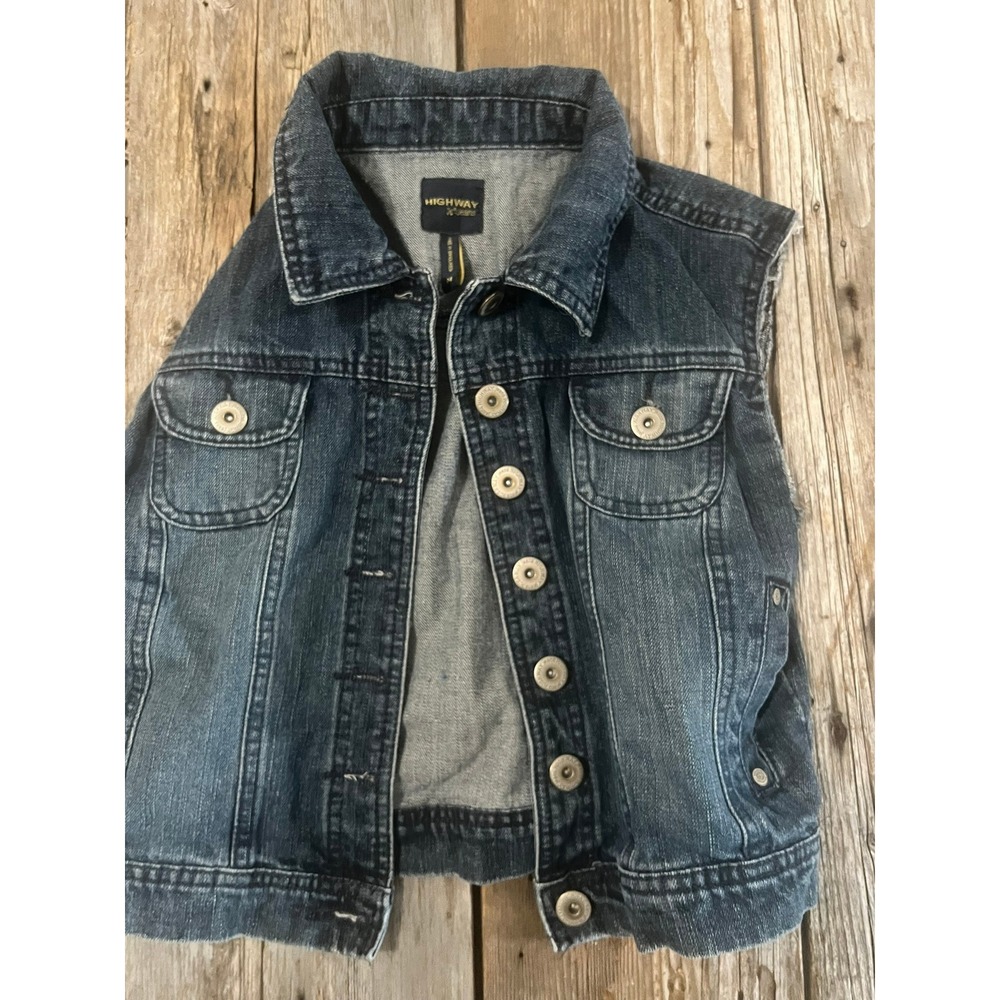 Highway Jeans Womens Dark Wash Denim Vest Frayed Sleeveless Trucker Jacket Small